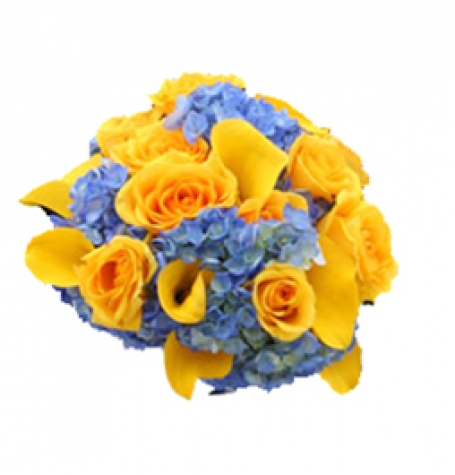 Blue Hydrangea, Yellow Calla Lilies & Yellow Roses