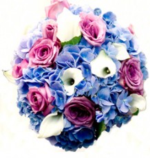Blue Hydrangea, White Calla Lilies & Lavender Roses